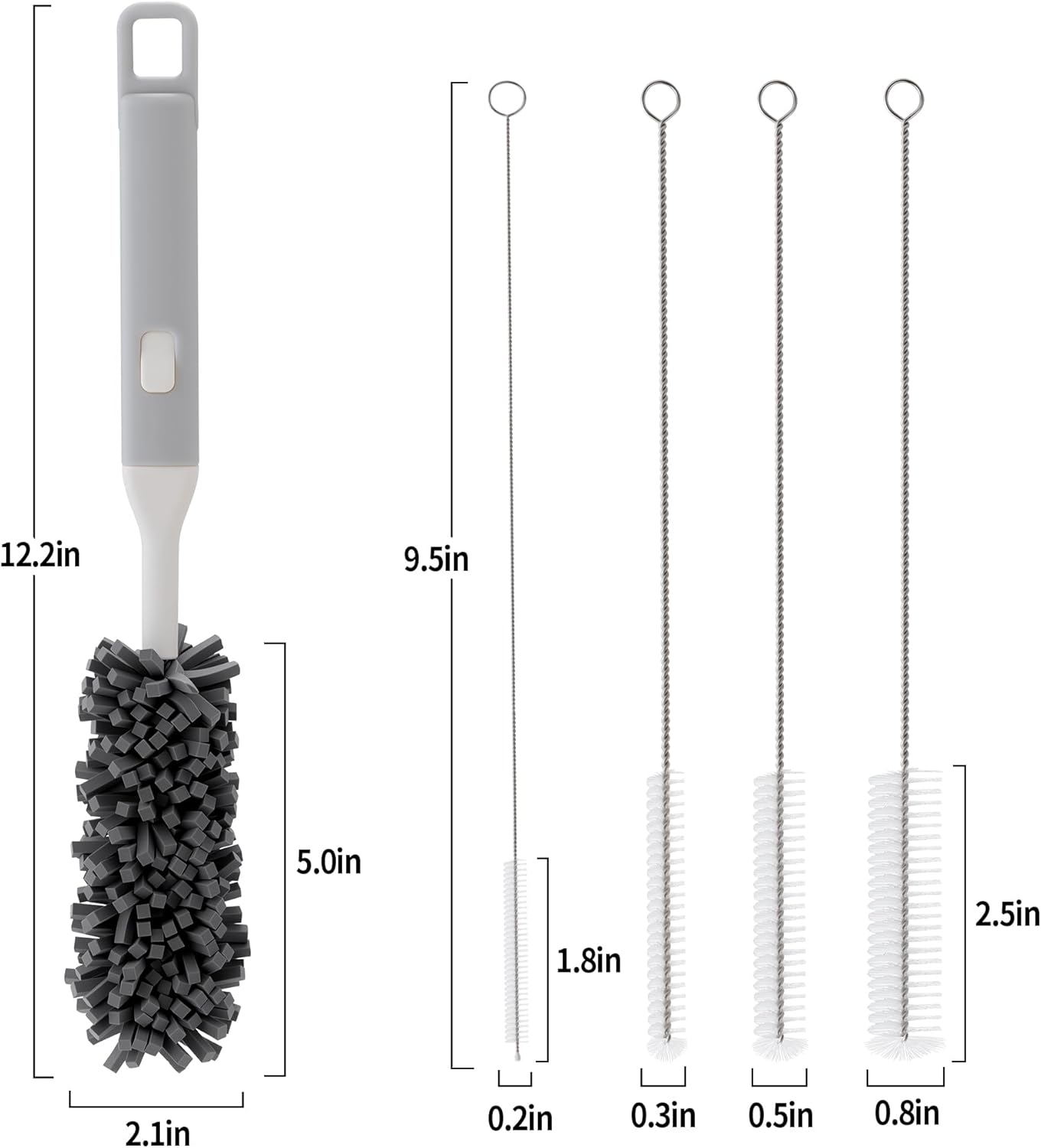Five-Piece Bottle Brush Cleaning Set Includes 4 Straw Cleaning Brushes and 1 Cup Brush with Detachable Long Handle. Suitable for Cleaning Straws, Glasses, and Water Cups.