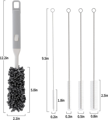 Five-Piece Bottle Brush Cleaning Set Includes 4 Straw Cleaning Brushes and 1 Cup Brush with Detachable Long Handle. Suitable for Cleaning Straws, Glasses, and Water Cups.