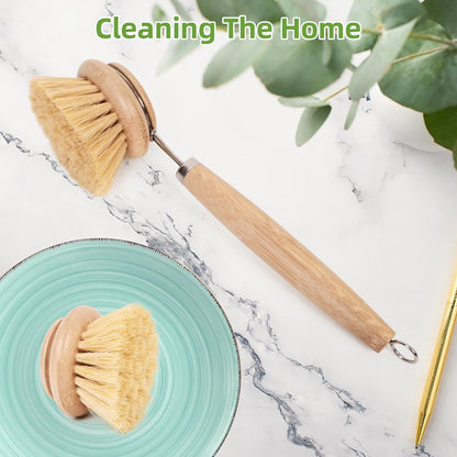 Bamboo Dish Brush with Handle - Soft Bristle, Non Toxic Dish Scrubber Compostable & Sustainable Bamboo Scrub Brush for Dishes, Pots and Pans