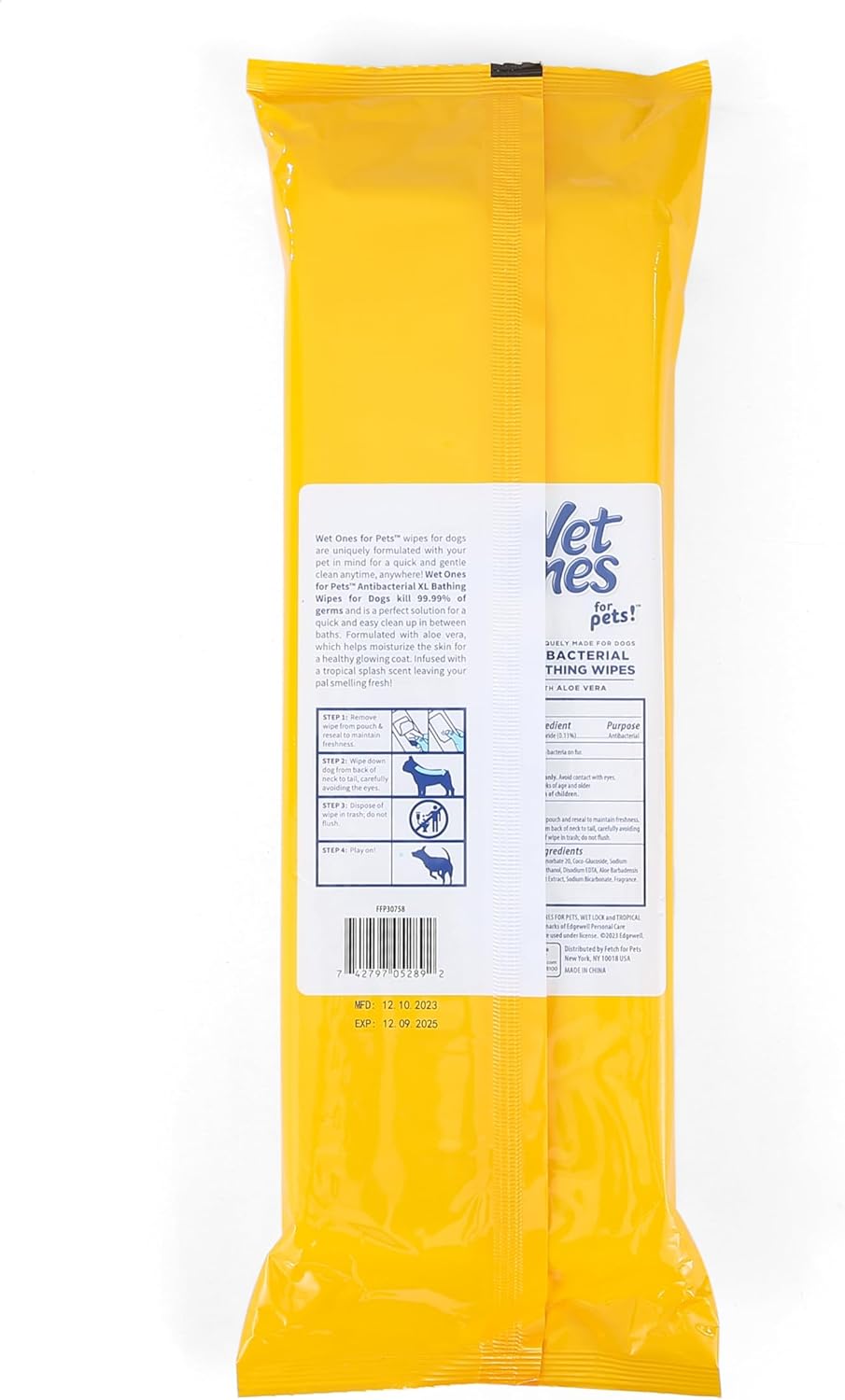 Wet Ones for Pets Antibacterial Dog Wipes, Multi-Purpose Grooming Wipes with Aloe Vera for Paws, Face & Body, Easy Cleanups Between Baths, Tropical Splash Scent, 5.7 in x 7.5 in, 50 Count