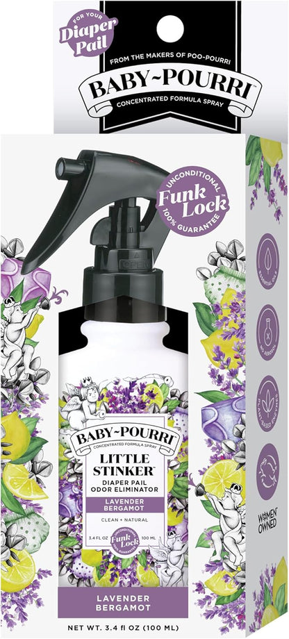 Baby-Pourri Little Stinker Diaper Pail Deodorizer Spray, 3.4 Fl Oz, Up to 150 Uses, Odor Freshener with Essential Oils, Nursery Essentials, Lavender, Bergamot, Eucalyptus & Vanilla Scent