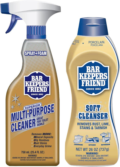 Bar Keepers Friend Soft Cleanser (13 oz) and MORE Spray + Foam (25.4 oz) Multipurpose Cleaner Bundle, Stain & Rust Remover for Multi Surface Bathroom, Kitchen & Outdoor Cleaning