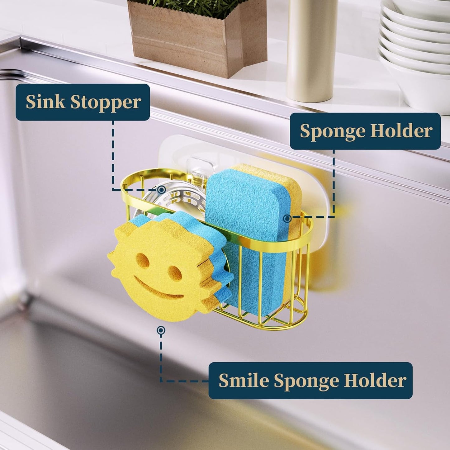 Consumest Sponge Holder Sink Caddy - Ladder Shaped Sponge Holder for Kitchen Sink with 2 Installation Ways (Suction Cups & Adhesive Hook), Rustproof Stainless Steel Kitchen Organizer, Silver