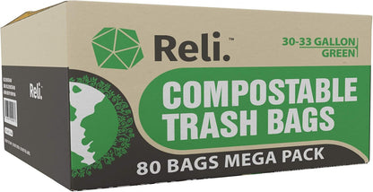 Reli. Compostable 33 Gallon Trash Bags | 80 Count Bulk | ASTM D6400 | Green | Eco-Friendly | For Compost