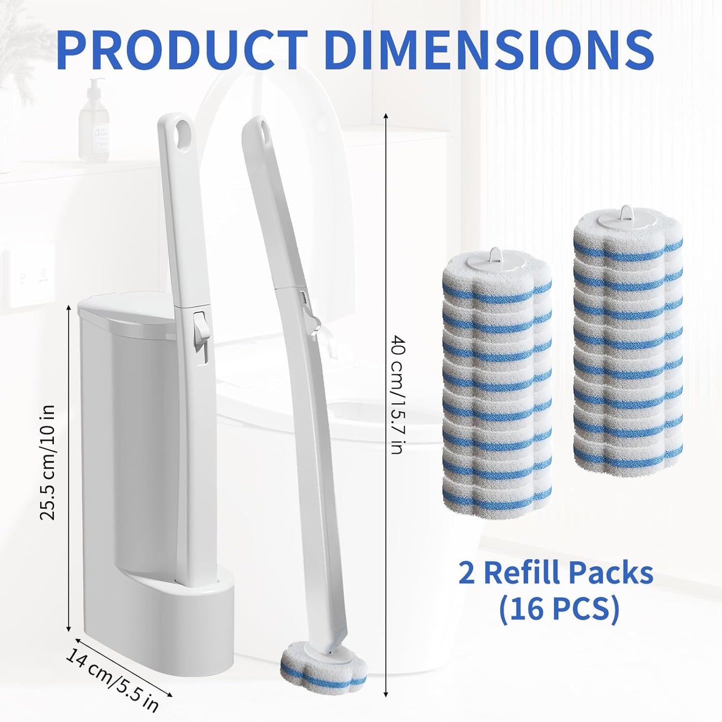 Wazzio 2 Pack Disposable Toilet Brush with Holder Set, 104 Count Toilet Wand Refills, Extended Handle Toilet Bowl Cleaner Brush for Bathroom and Bathtub Deep Cleaning