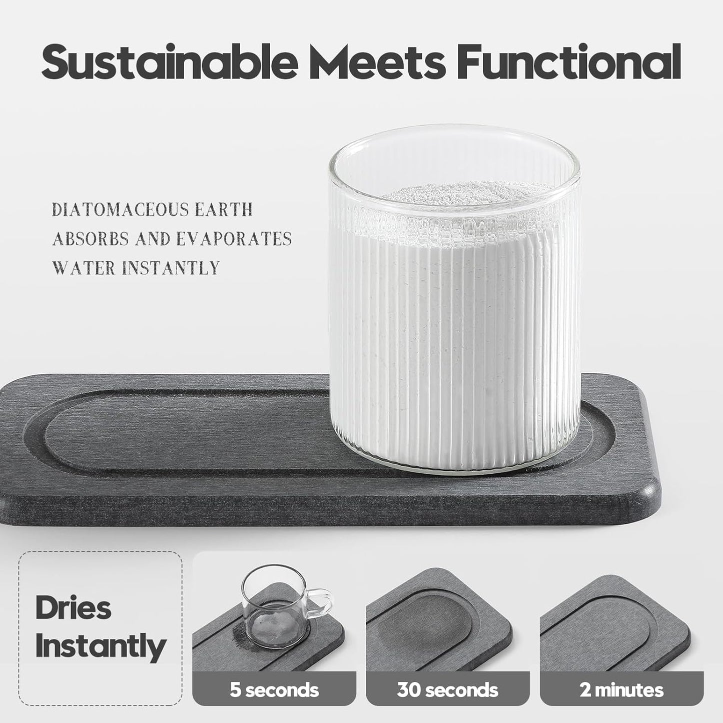 Fast Water Absorption Sink Organizer Tray Set, 3-Pack Compact and Space-Saving Stone Soap Holder Caddy for Kitchen & Bathroom Counter, Faucet Splash Guard, White (1pc of 8"x3.8" + 2pcs of 3.8"x3.8")
