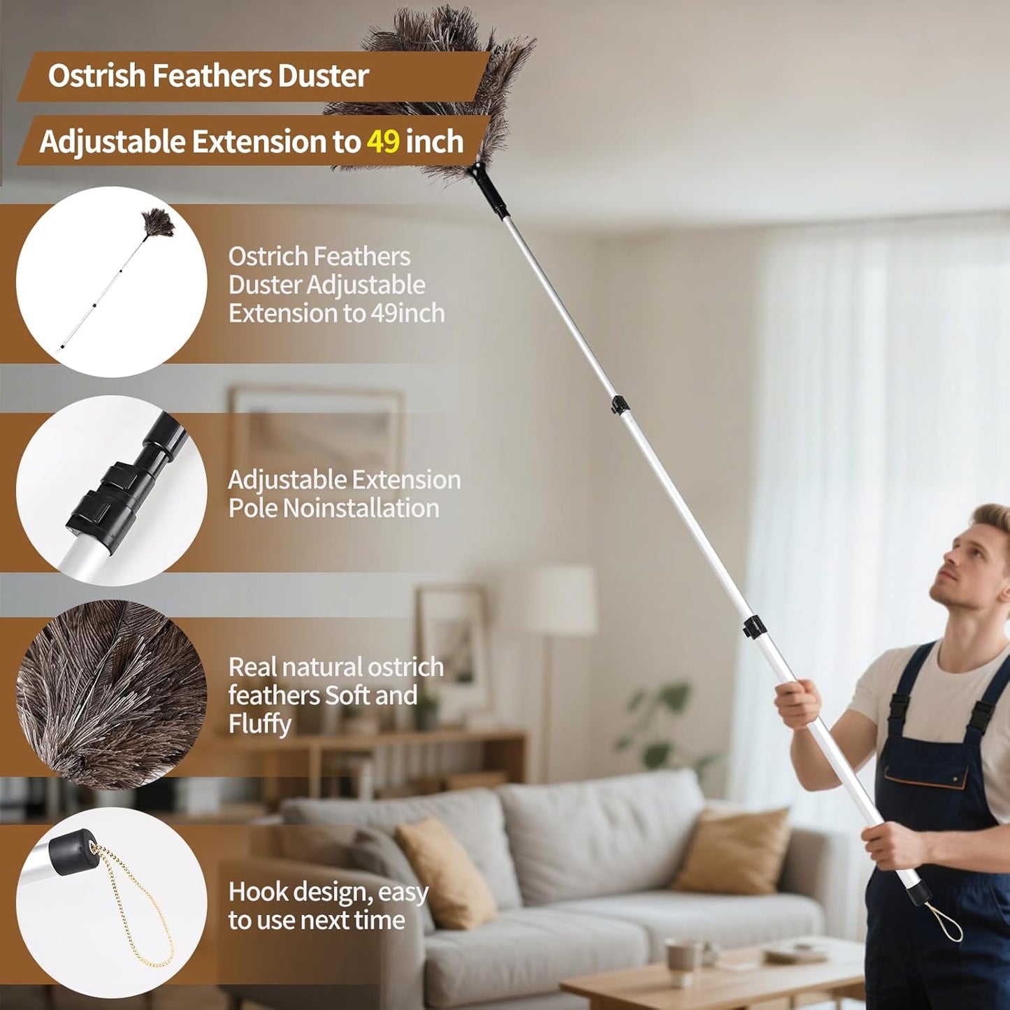 Natural Ostrich Feather Duster 14.9 inch Fluffy Mini Dusters with Plastic Handheld for Cleaning Car Keyboard Office 1 Pcs