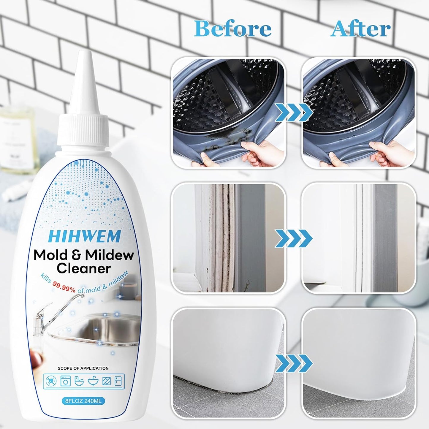 HIHWEM Mold Mildew Remover Gel Washing Machine Cleaner Grout Cleaner Household Stain Remover Gel for Home Sink Kitchen Showers 8 fl.oz