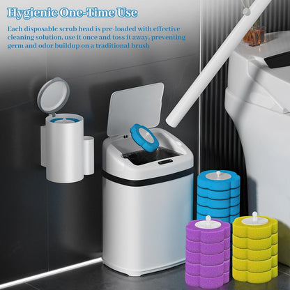 Disposable Toilet Brush Set with Holder, Angled Cleaning Wand with 24 Refill Heads, Wall-Mounted Hygienic Toilet Cleaner (Ocean, Lemon, Lavender Scents)