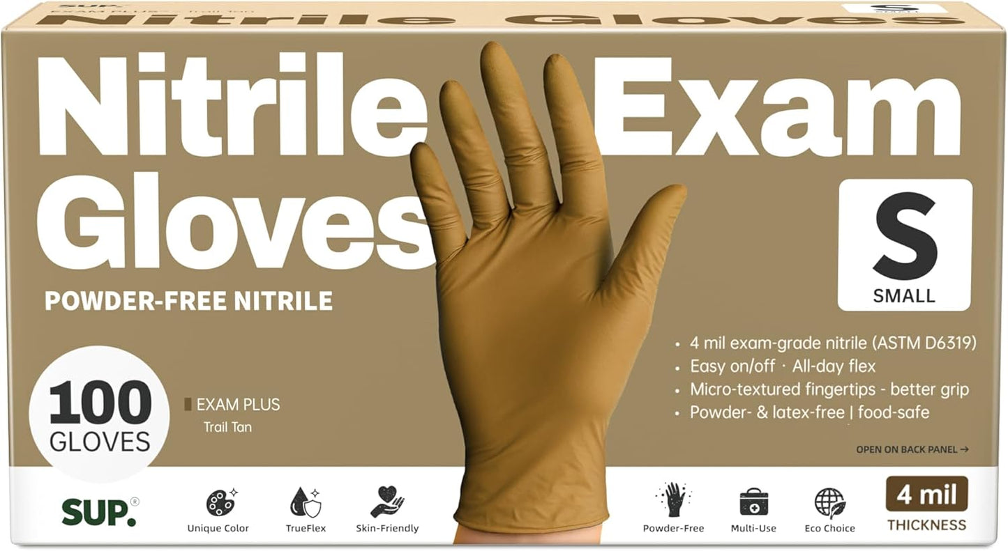 SUP Powder-Free Nitrile Gloves, 100 Count Food Safe Latex-Free Disposable Gloves for Medical Cooking Cleaning Food Prep, Tan