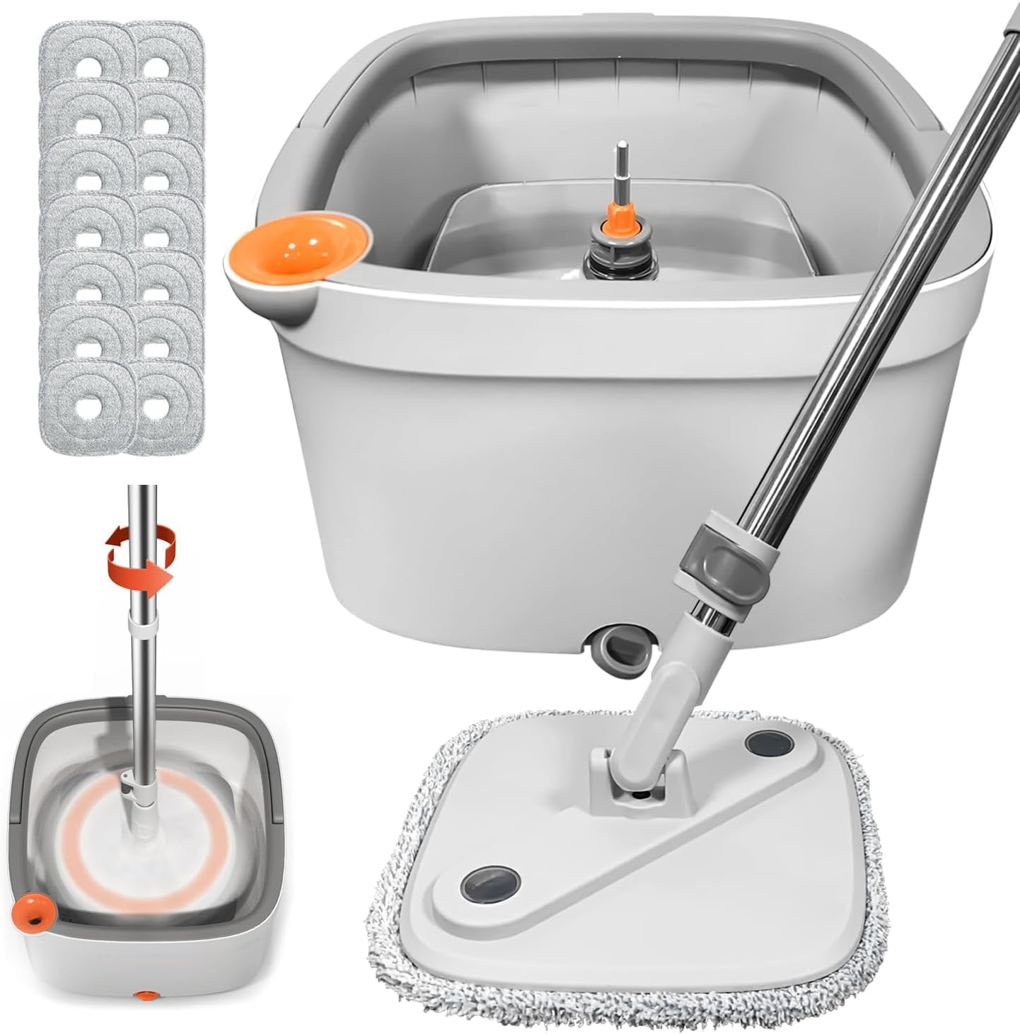 Spin Mop and Bucket Set with Self Separation Dirty and Clean Water System Self Wringing 360° Rotating Clean Mop-Head for Hardwood Tile Marble Floors (Mop Set with 6 Pads)-Grey