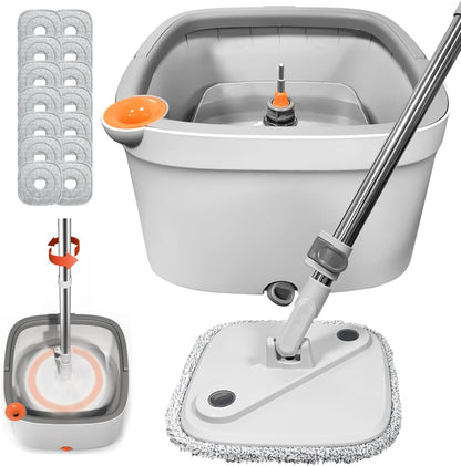 Spin Mop and Bucket Set with Self Separation Dirty and Clean Water System Self Wringing 360° Rotating Clean Mop-Head for Hardwood Tile Marble Floors (Mop Set with 6 Pads)-Grey