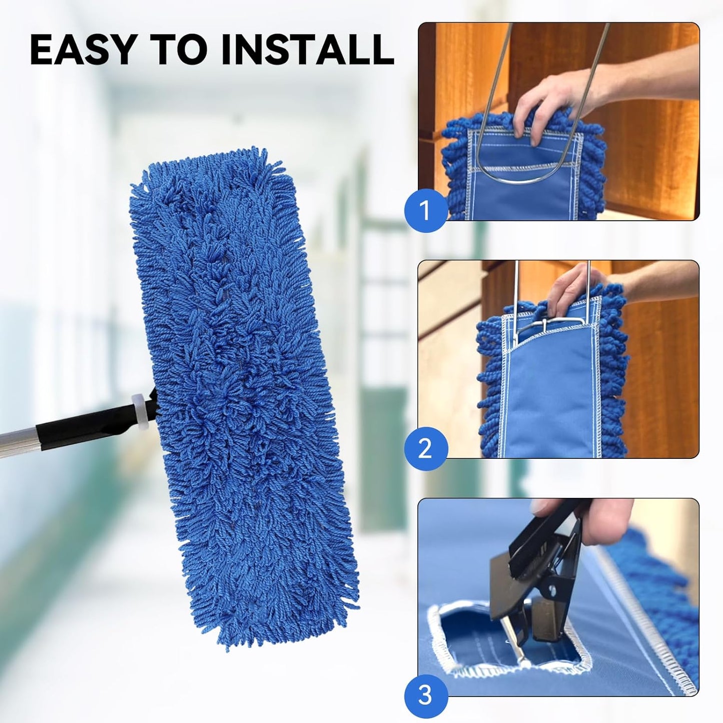3 Pack 24 Inch Microfiber Dust Mop Head, Medium Washable Commercial Sweeper and Janitorial, Blue
