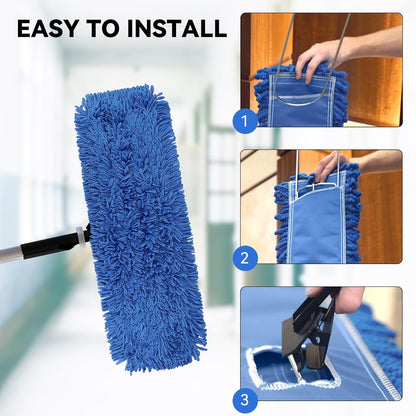 3 Pack 24 Inch Microfiber Dust Mop Head, Medium Washable Commercial Sweeper and Janitorial, Blue