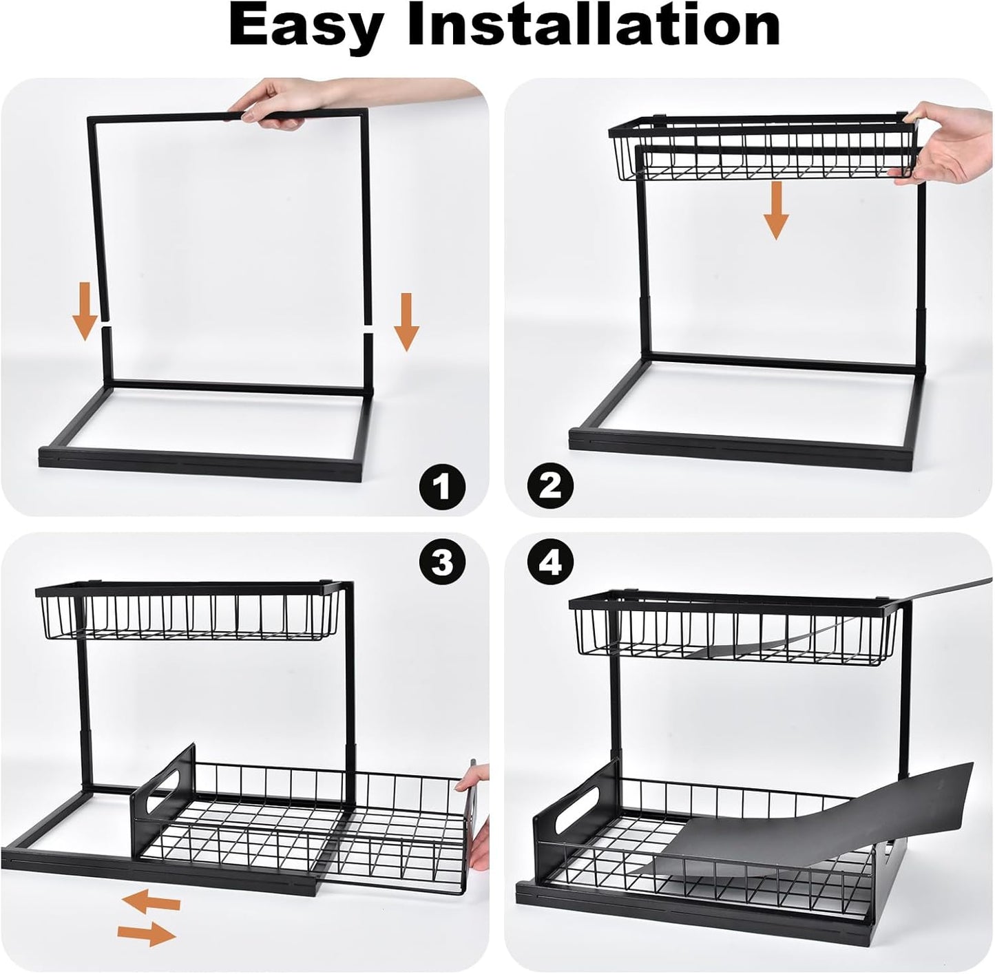 REALINN Under Sink Organizer, L-Shaped 2 Tier Pull Out Cabinet Organizer for Kitchen and Bathroom, Slide Out Under Cabinet Storage, Metal Under Sink Storage with Sliding Drawer, 50 lbs, Black 2 Pack