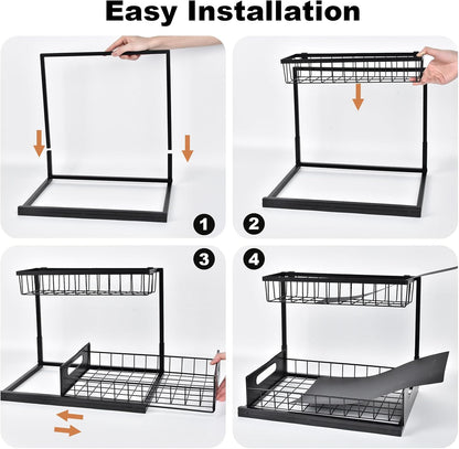 REALINN Under Sink Organizer, L-Shaped 2 Tier Pull Out Cabinet Organizer for Kitchen and Bathroom, Slide Out Under Cabinet Storage, Metal Under Sink Storage with Sliding Drawer, 50 lbs, Black 2 Pack