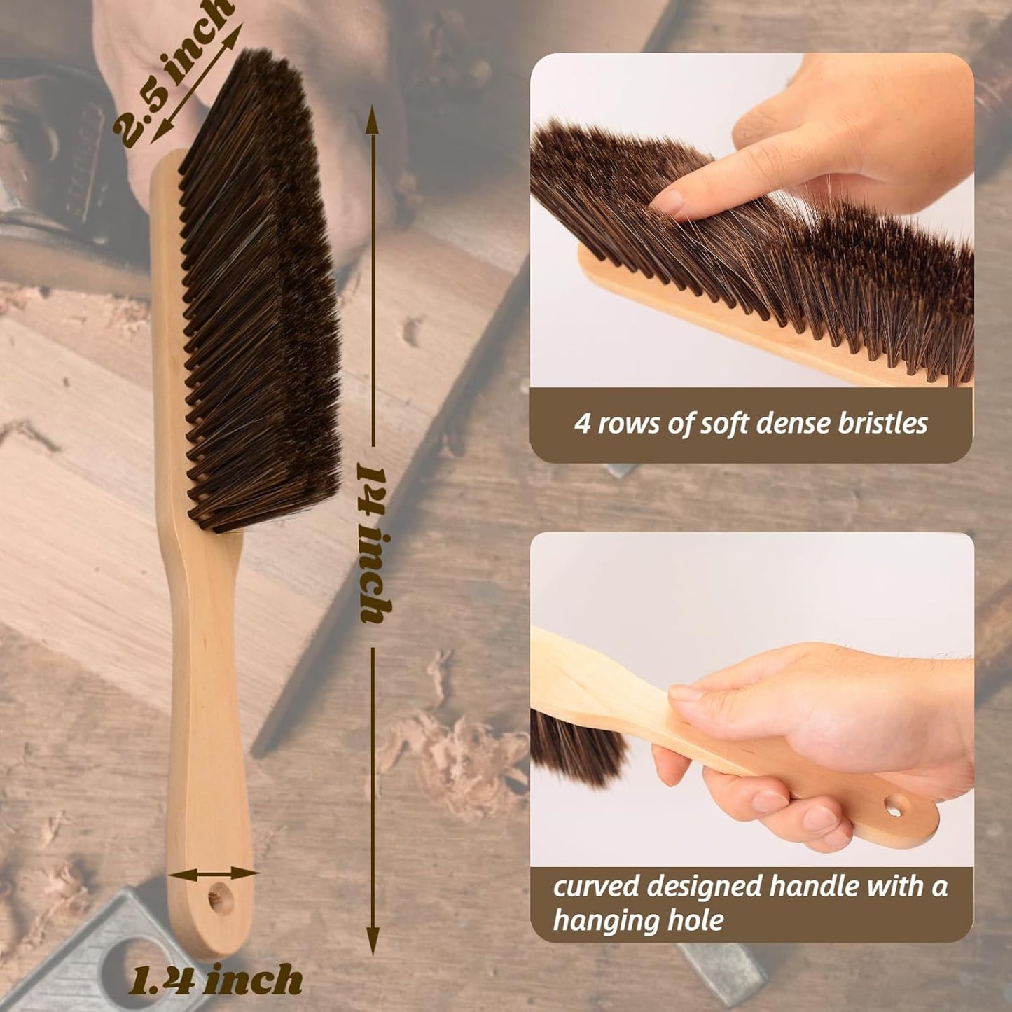 Woooden Hand Whisk Broom - Small Dust Brush with Soft Bristles & Wood Handle for Couch, Car, Fireplace, Bed & Household Cleaning (Brown)