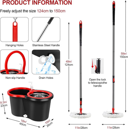 Spin Mop and Bucket with Wringer Set, 360° Spinning Mop Bucket System with 3 Microfiber Mop Replacement Heads, Adjustable Handle for Floor Cleaning (red)