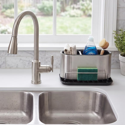 Stainless Steel Sink Caddy Sponge Holder Organizer Tidy Drains Water Dish Brush Holder for Kitchen Counter