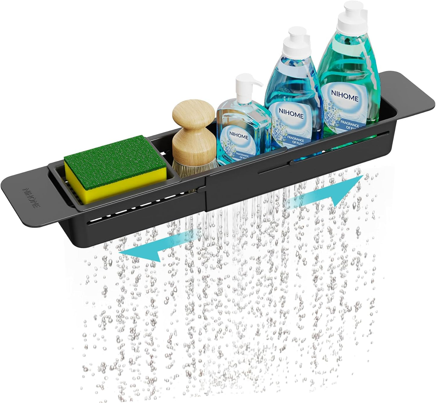 NiHome Extendable Over Sink Kitchen Organizer, Small Telescopic Brush Storage Rack for Sponge, Non-Slip Pads Expandable Sink Caddy, Adjustable Sponge/Brush Rack with Drainage Durable ABS (Black)