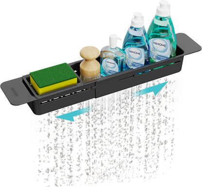 NiHome Extendable Over Sink Kitchen Organizer, Small Telescopic Brush Storage Rack for Sponge, Non-Slip Pads Expandable Sink Caddy, Adjustable Sponge/Brush Rack with Drainage Durable ABS (Black)
