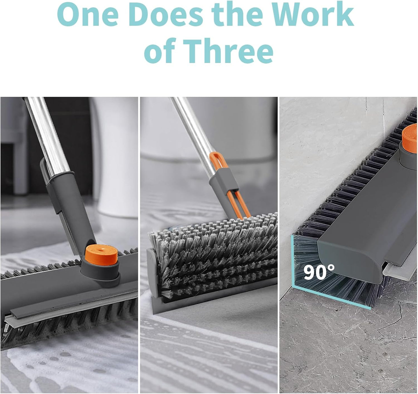 Floor Scrub Brush with Long Handle, 3 in 1 Scrape and Heavy-Duty Stiff Bristle Scrubber Brush for Cleaning Shower Bathroom, Patio, Pool, Garage, Kitchen, Wall and Deck (White, 1 Pack)