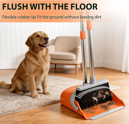 YZO Broom and Dustpan Set, 54.33 Inch Long Handle Standing Design, Dustpan Front Rubber Tight Seal, Broom with 5 Layer Bristles, Suitable for Living Room, Bedroom, Yard, Office and Apartment(Green)
