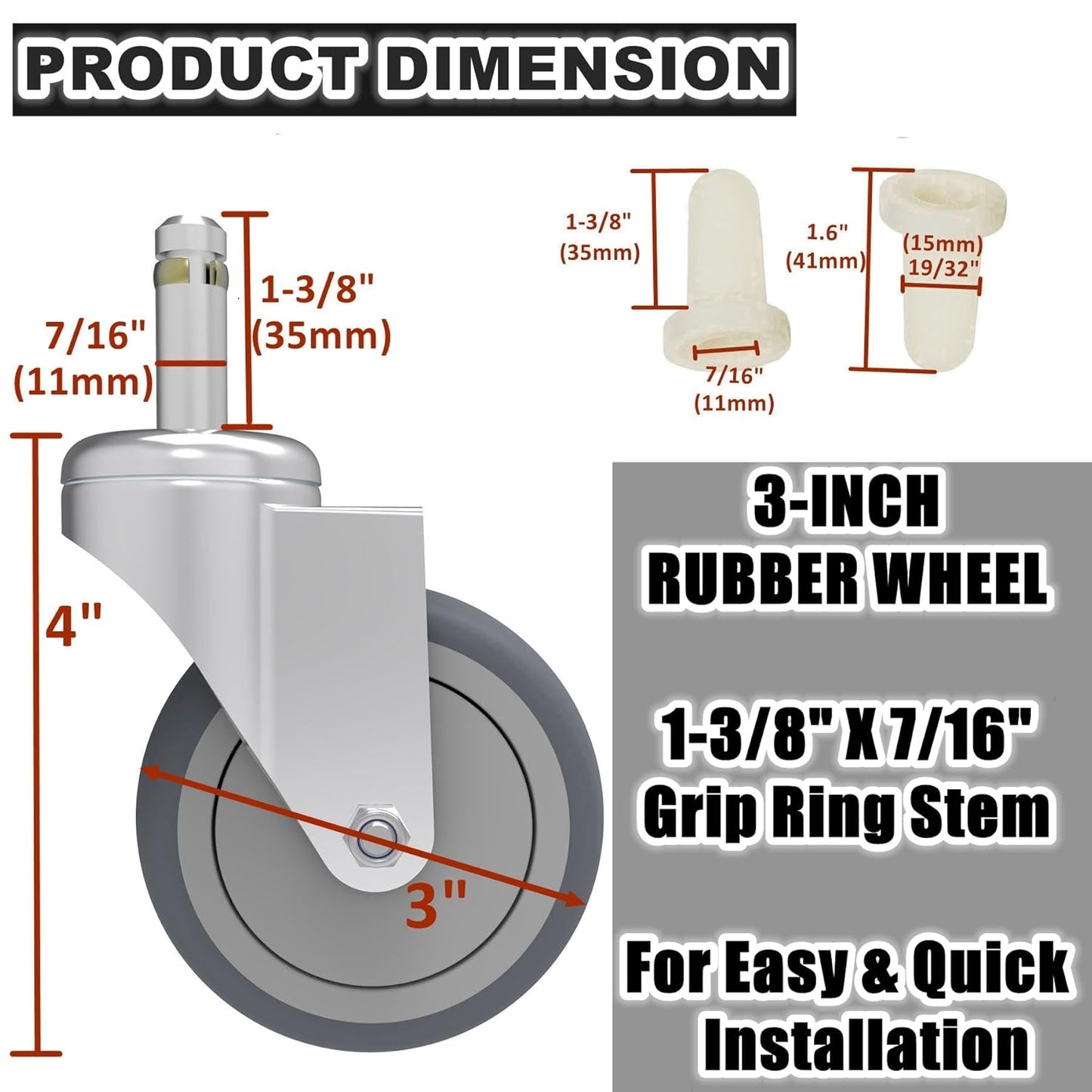 RILIDRI 3-Inch Swivel Stem Caster for Rubbermaid Mop Bucket Utility Cart, 7/16-Inch Stem Diameter Rubber Wheel Set of 4, Heavy Duty TPR Weber Grills Shop Vac Replacement Wheels