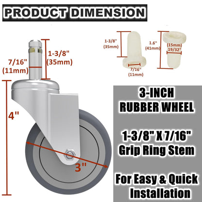 RILIDRI 3-Inch Swivel Stem Caster for Rubbermaid Mop Bucket Utility Cart, 7/16-Inch Stem Diameter Rubber Wheel Set of 4, Heavy Duty TPR Weber Grills Shop Vac Replacement Wheels