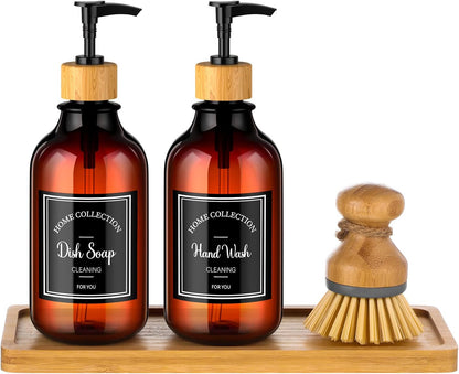 Zopeal 4 Pcs 16 oz Kitchen Soap Dispenser Set with Bamboo Tray and Dish Brush Plastic Soap Dispenser Set with Waterproof Labels for Hand Dish Lotion(Frosted Black)