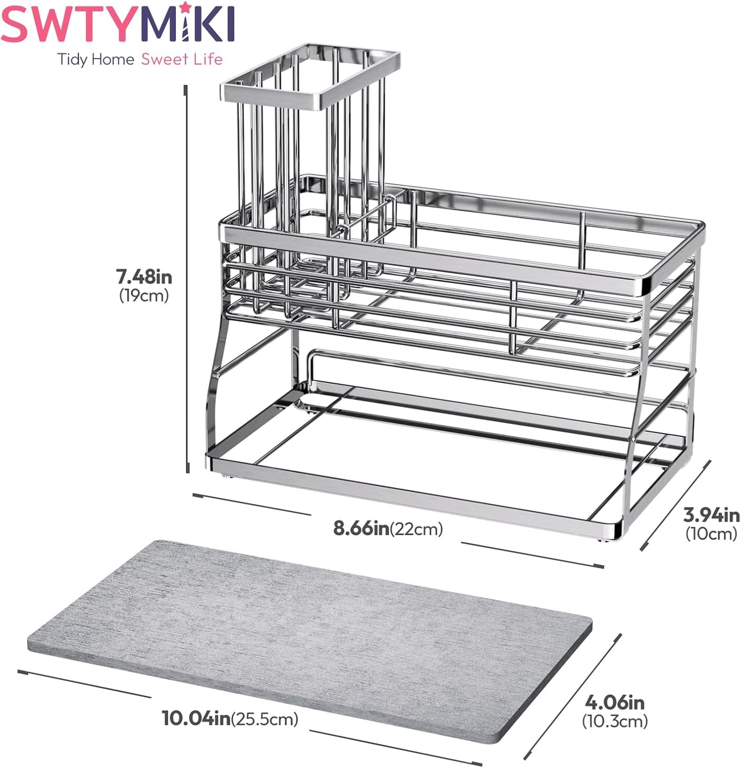 SWTYMIKI Sponge Holder for Kitchen Sink - 2 Tier Rustproof Sink Caddy with Instant Drying Stone, Removable Dish Brush Holder, Stainless Steel Kitchen Caddy for Coutertop Storage Accessories