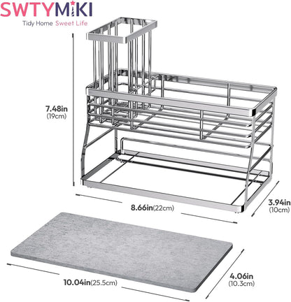 SWTYMIKI Sponge Holder for Kitchen Sink - 2 Tier Rustproof Sink Caddy with Instant Drying Stone, Removable Dish Brush Holder, Stainless Steel Kitchen Caddy for Coutertop Storage Accessories