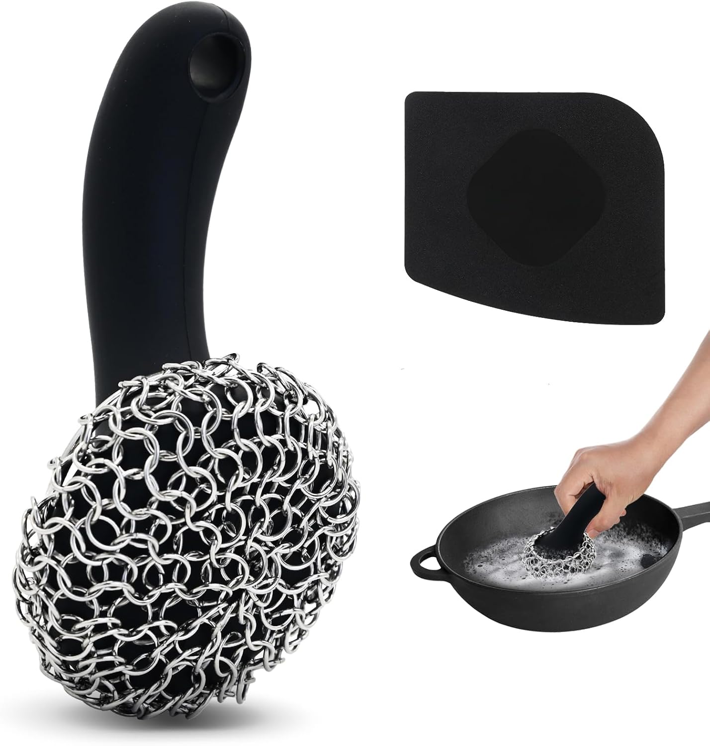 Cast Iron Scrubber with Long Handle | 316 Cast Iron Cleaner Chainmail Scrubber for Pan Skillet Cleaner - Dish Scouring Pad Dishwasher Safe Cleaning Kit (Blue, 1 Scrubber + 1 Scraper)