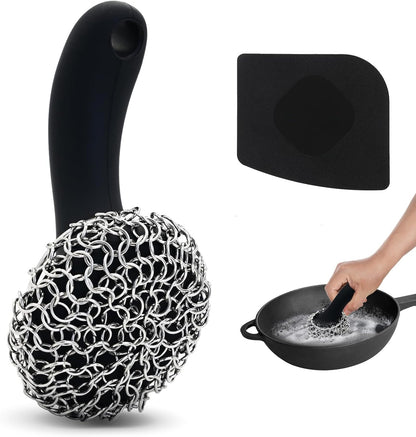 Cast Iron Scrubber with Long Handle | 316 Cast Iron Cleaner Chainmail Scrubber for Pan Skillet Cleaner - Dish Scouring Pad Dishwasher Safe Cleaning Kit (Blue, 1 Scrubber + 1 Scraper)