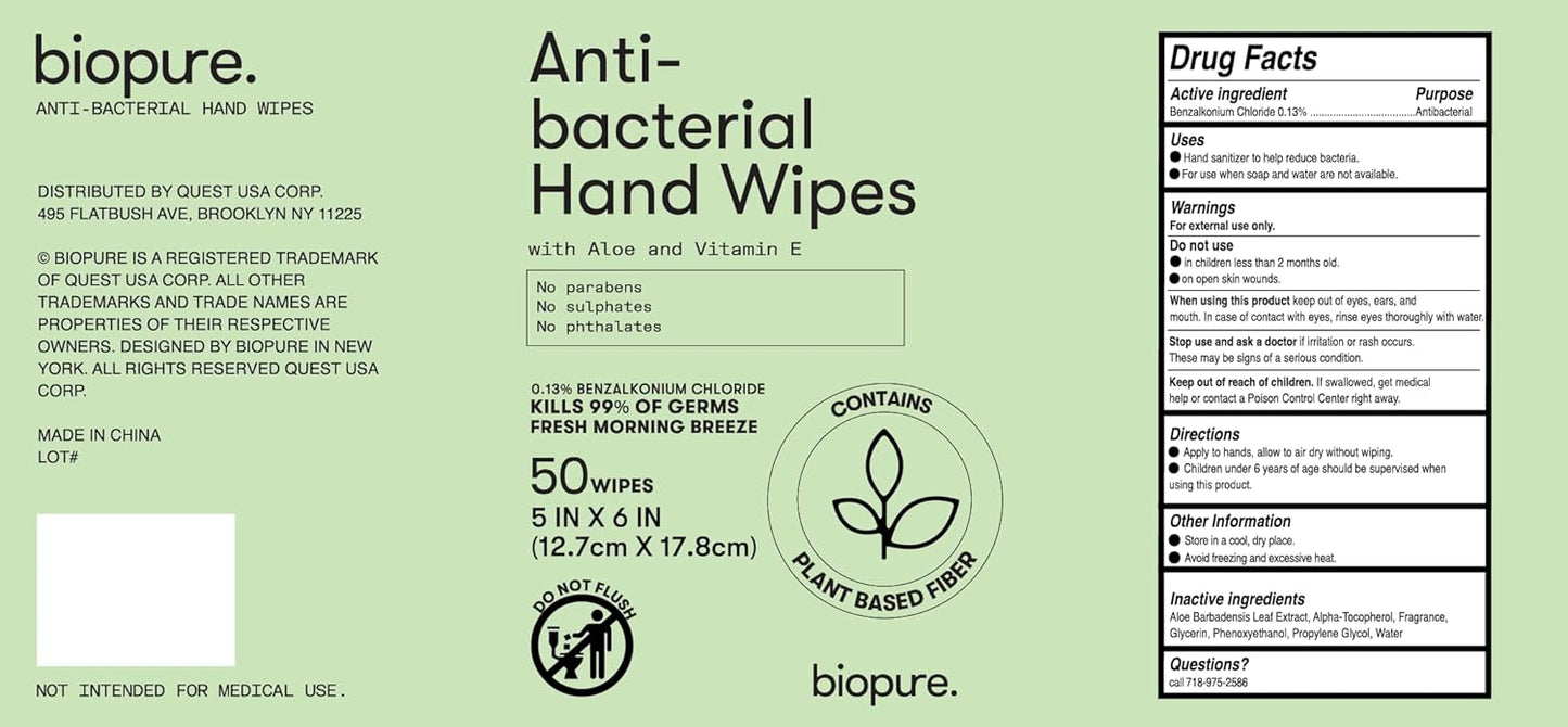 Biopure Antibacterial Hand Wipes Fresh Morning Breeze- Antibacterial Wipes with Aloe and Vitamin E Formula | 5"x7" Wet Wipes Canister | No Parabens, Sulfates or Phthalates, Kills 99% of Germs, 50 ct