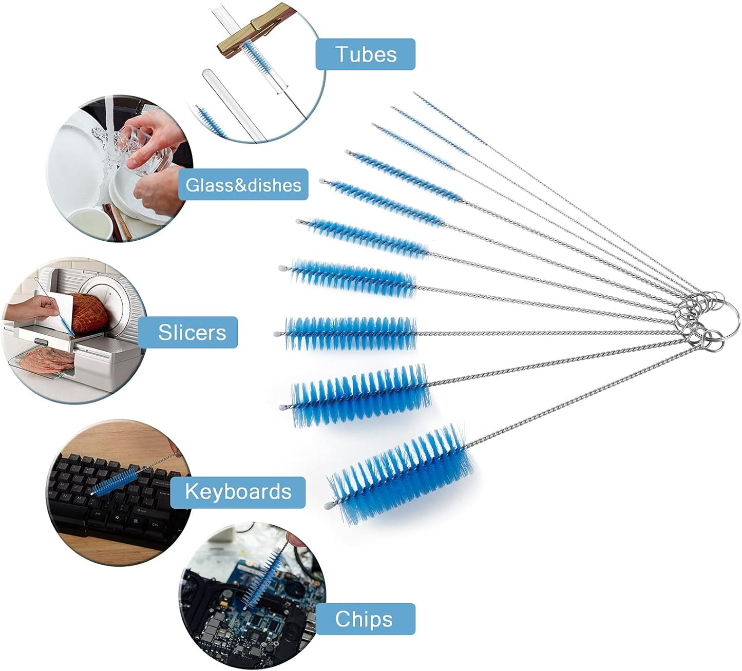 CiaraQ Bottle Cleaning Brushes, 8 Inch Nylon Tube Brush Set, Cleaner for Narrow Neck Bottles Cups with Hook, Set of 10pcs