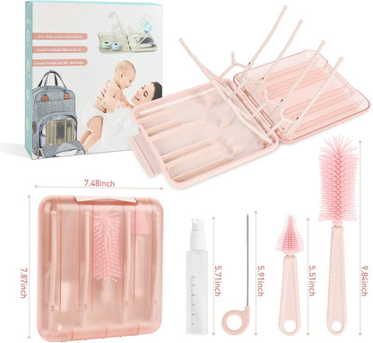 Baby Bottle Brush Set, 6-in-1 Travel Bottle Cleaner Kit with Silicone Bottle Brush, Nipple & Straw Brush, Soap Dispenser, Drying Rack, Storage Box – Compact Baby Travel Essential for Home & On-The-Go