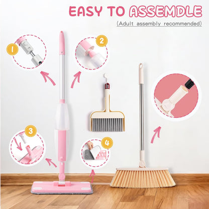 Hilsoeet Kids Spray Mop Pink, Real Working Water-Spraying Toy, Montessori Mini Mop with 2 Microfiber Washable Pads, Toddler Cleaning Set for Floor, Christmas Birthday Gifts for Age 3 4 5 6 7 8