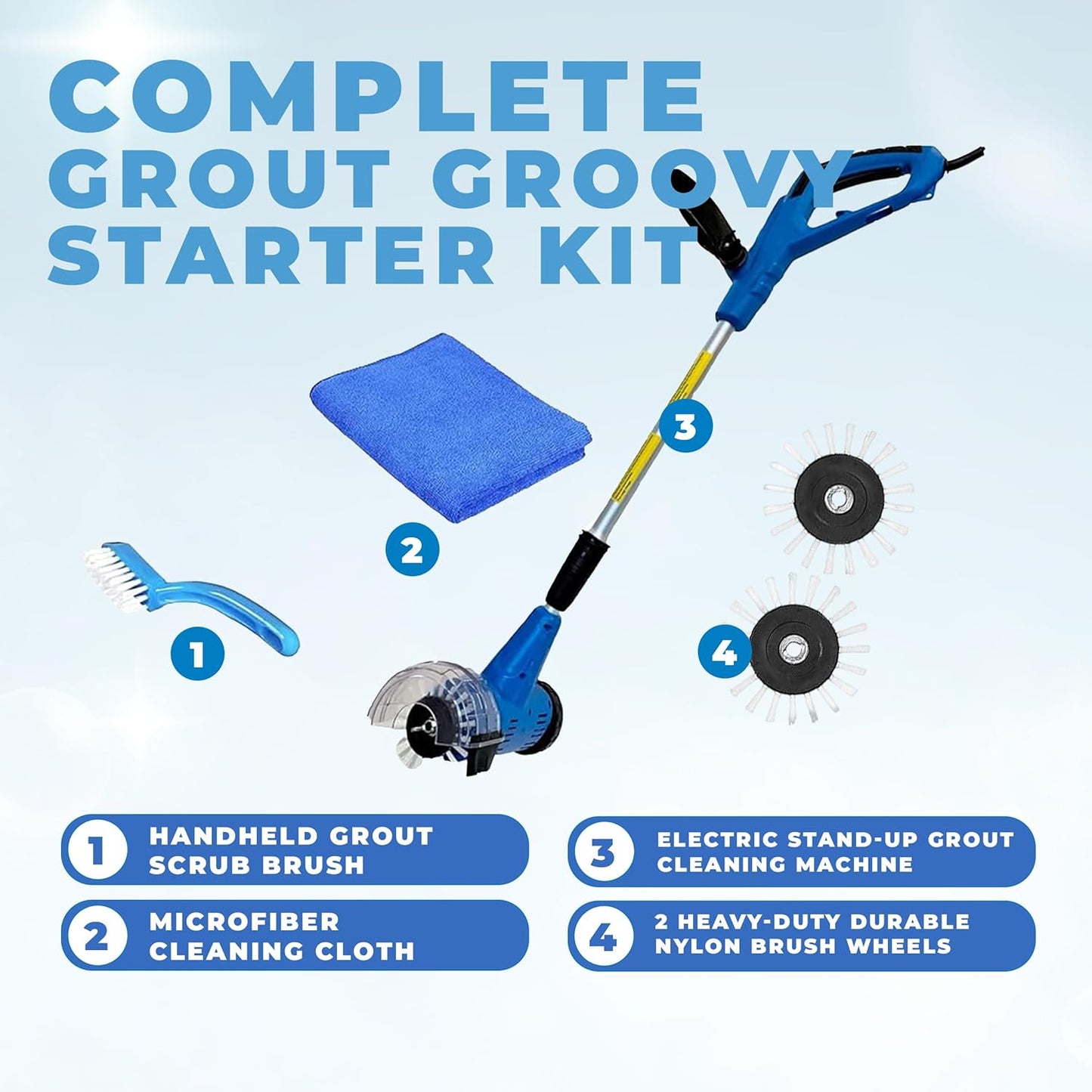 Grout Cleaner Bundle, Electric Stand Up Tile Grout Cleaner Machine with 20’ Cord, 3 Brush Wheels, 1 Cleaner, 1 Grout Hand Brush, 1 Microfiber Cloth