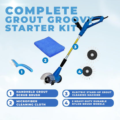 Grout Cleaner Bundle, Electric Stand Up Tile Grout Cleaner Machine with 20’ Cord, 3 Brush Wheels, 1 Cleaner, 1 Grout Hand Brush, 1 Microfiber Cloth