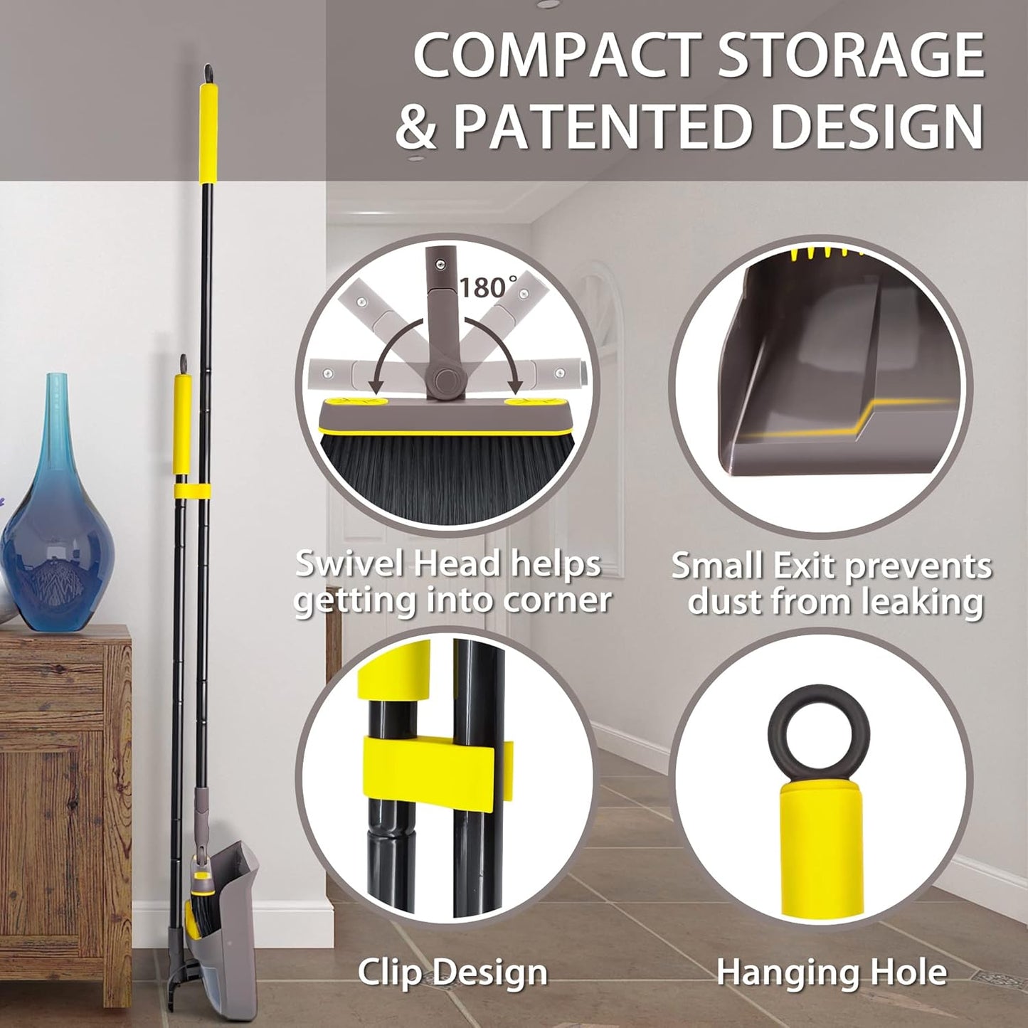 JEHONN Broom and Dustpan Set for Home, 54 Inches Long Handle Lightweight 180 Degree Rotating Indoor Upright Standing Dust Pan with Comb Teeth, Store Sweep Set for Room Kitchen Lobby Office