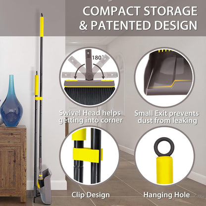 JEHONN Broom and Dustpan Set for Home, 54 Inches Long Handle Lightweight 180 Degree Rotating Indoor Upright Standing Dust Pan with Comb Teeth, Store Sweep Set for Room Kitchen Lobby Office