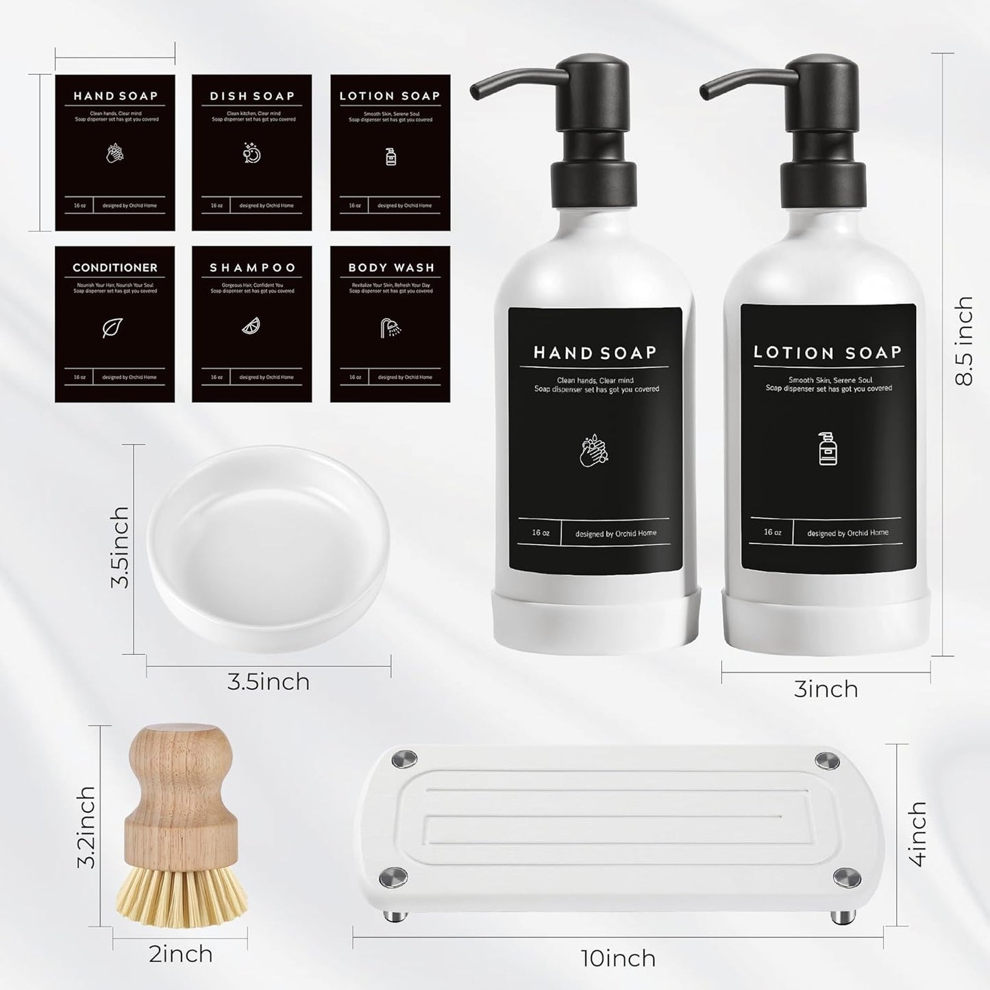 [Luxury] Kitchen Soap Dispenser Set - 16OZ Amber Glass Bottle, Stainless Steel Pump, Instant Dry Tray, Waterproof Labels, Non-Slip Silicone Pad, and Dish Brush | Upgrade for Your Kitchen and Bathroom
