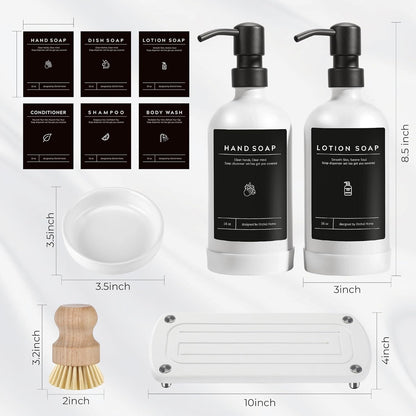 [Luxury] Kitchen Soap Dispenser Set - 16OZ Amber Glass Bottle, Stainless Steel Pump, Instant Dry Tray, Waterproof Labels, Non-Slip Silicone Pad, and Dish Brush | Upgrade for Your Kitchen and Bathroom