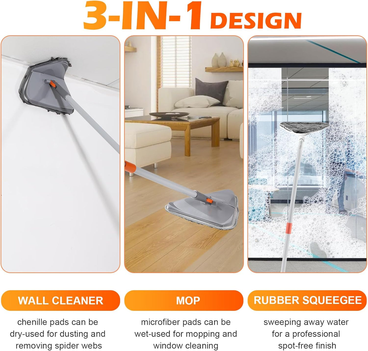 Wall Cleaner Triangle Mop with 82'' Long Handle - Wall Scrubber, Cleaning Washer Tool with 4 Microfiber Chenille Duster Pads for Clean Walls, Ceiling, Windows, Baseboards, Floors (Green, 4 Pads)