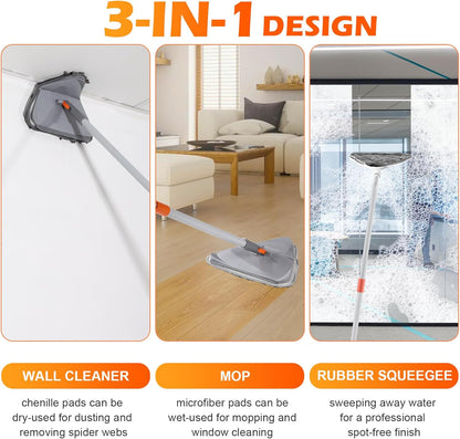 Wall Cleaner Triangle Mop with 82'' Long Handle - Wall Scrubber, Cleaning Washer Tool with 4 Microfiber Chenille Duster Pads for Clean Walls, Ceiling, Windows, Baseboards, Floors (Green, 4 Pads)