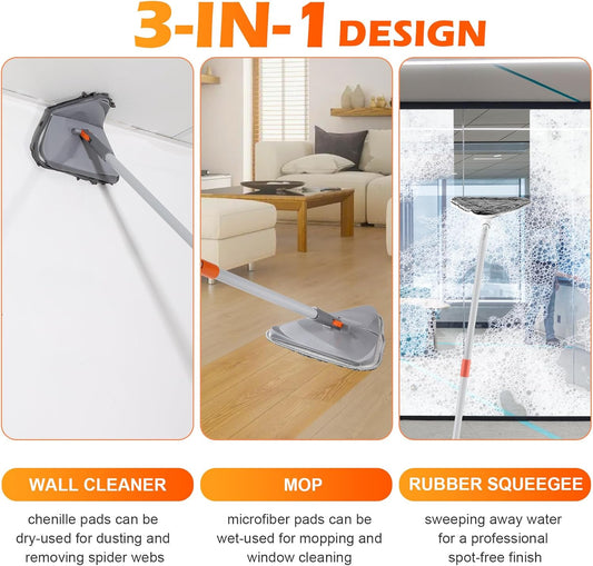 Wall Cleaner Triangle Mop with 82'' Long Handle - Wall Scrubber, Cleaning Washer Tool with 4 Microfiber Chenille Duster Pads for Clean Walls, Ceiling, Windows, Baseboards, Floors (Green, 4 Pads)