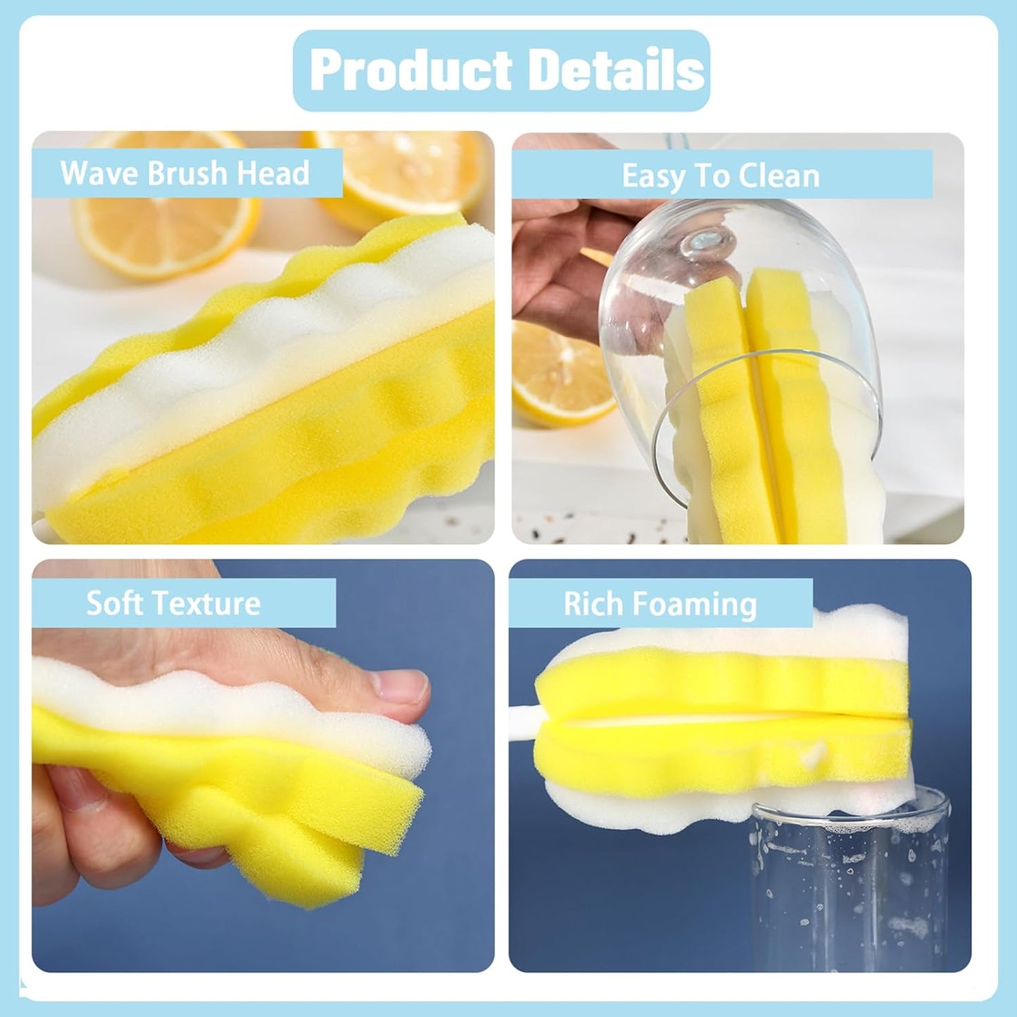INVODA 4PCS Bottle Brush Long Handle Cup Cleaner Brush Sponge Bottle Scrubber Detachable Handle Portable Sponge Cleaning Brush for Baby Bottle Dishwashing Kitchen Clean Glasses Mugs (4 PCS)