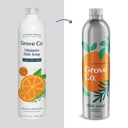 Grove Co. Ultimate Dish Soap Refills (3 x 16 Fl Oz) Removes 48-hr Stuck-on Food & Grease, No Plastic or Parabens, 100% Natural Orange & Rosemary Fragrance