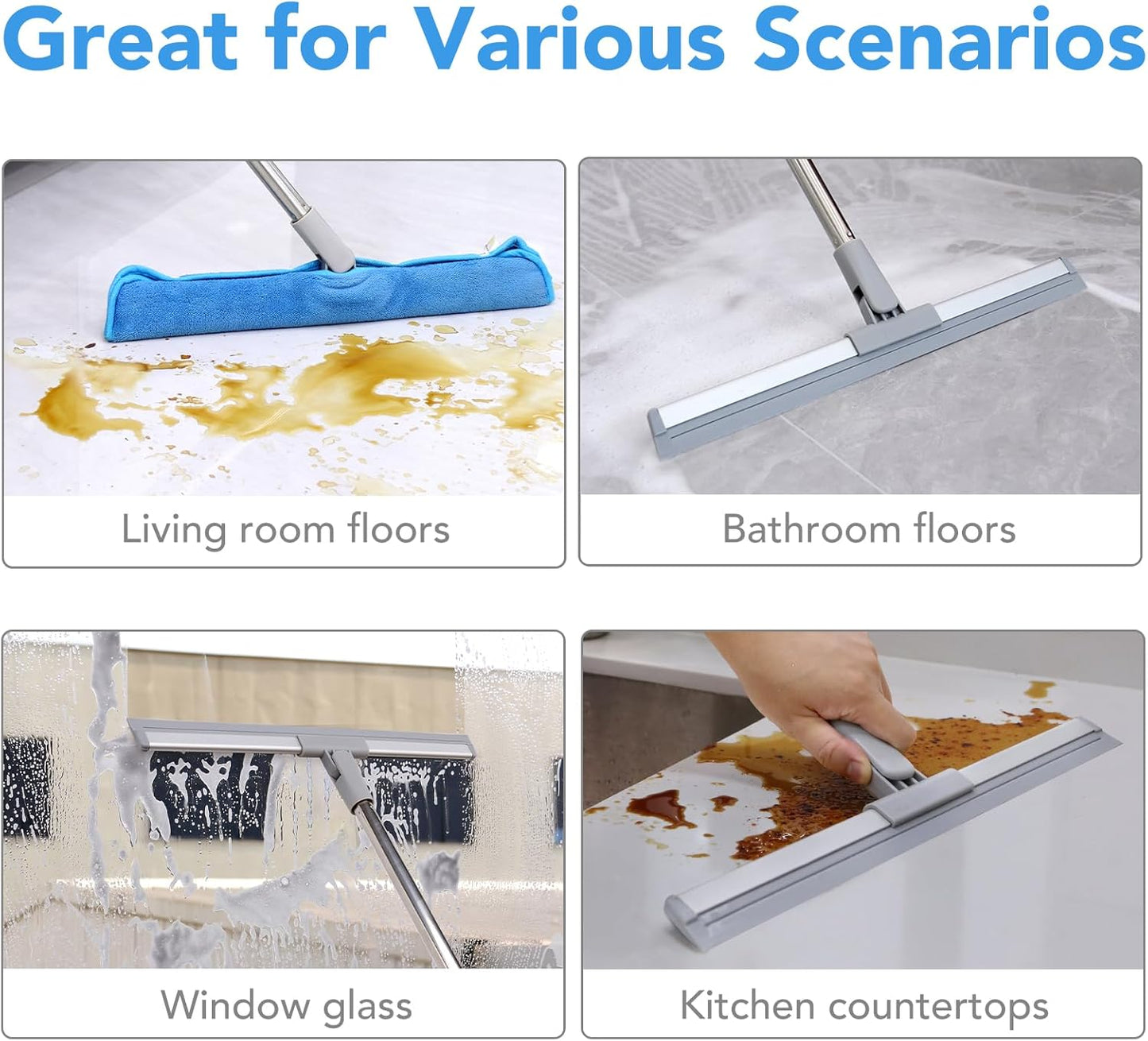 DrDirt Floor Squeegee | 120cm/47in Silicone Magic Broom with Microfiber Mop | Squeegee for Floor Cleaning | Microfiber Duster with Extension Pole for Indoor Water | Dust & Glass Quick Drying